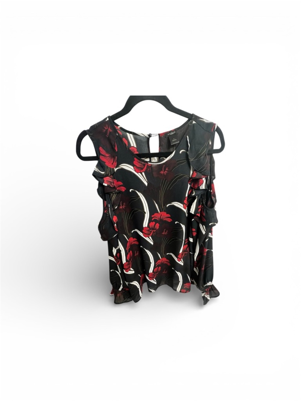 Ann Taylor Black Cold-Shoulder Blouse with Red Floral Print